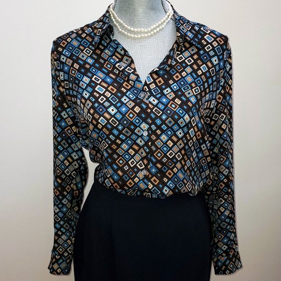 Petite Sophisticate Tops - Petite Sophisticate Silk Geo Print Long Sleeve Button Up Blouse | Like New | 8P